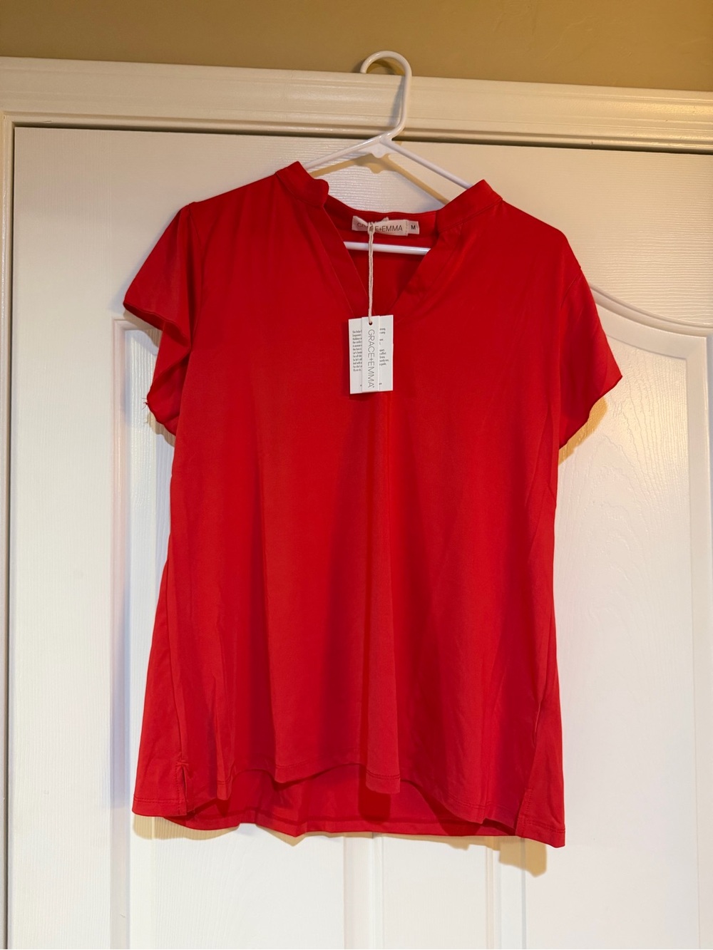 Red Split-Neck Short-Sleeve Blouse by Grace + Emma